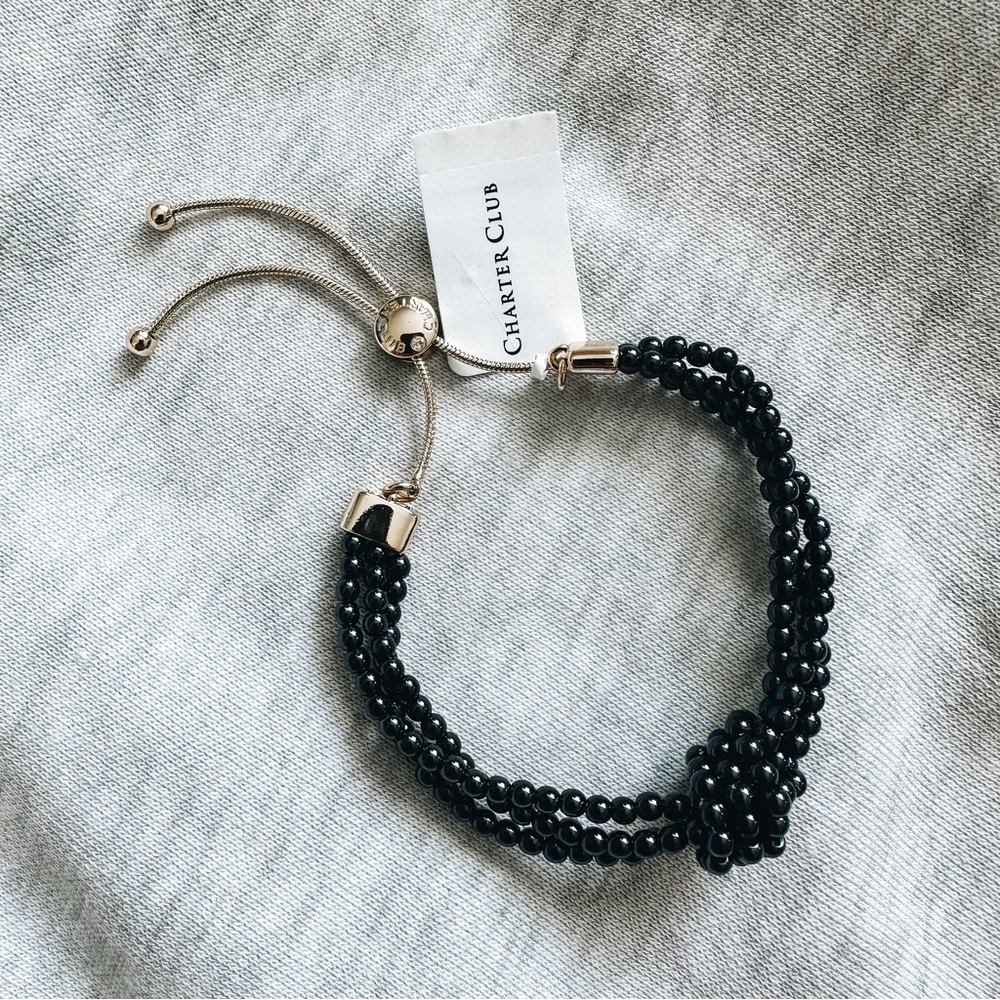 NWT Gold- Tone & Black Imitation Pearl Knotted Multi-Row Slider Bracelet